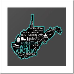 Cute map of West Virginia Charleston Lewisburg Huntington Morgantown Buckhannon Posters and Art